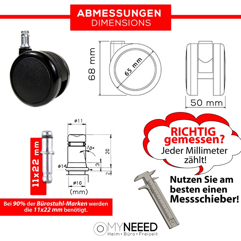 MYNEEED Office Chair Castors for Carpet, Soft Floor, Diameter 65