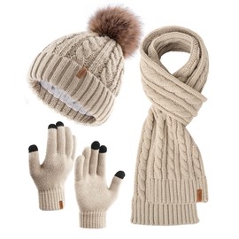 FURTALK Hat Scarf and Touchscreen Gloves Set for Women 3 in 1 Ladies Winter Beanie with Pom Pom Warm Fleece Lined, Khaki