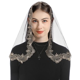 Bozidol Mantilla D-Shaped Sacred Heart Embroidered Veil for Women Church Mass Catholic Events - Black Gold with Sacred Heart and Rose Embroidery