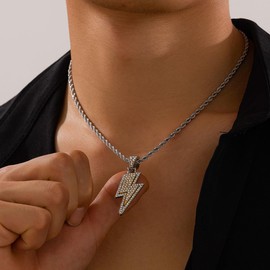 ONLYJUMP Hip Hop Lightning Bolt Necklace for Men Women 18K Gold Plated Lightning Bolt Necklace Cubic Zirconia Rock Punk Totem Pendant Jewelry Gift (Gold)