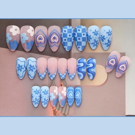 QQPPOLIU Blue Nails Almond Press on Nails Medium Length Fake Nails French Tip False Nails With Design Full Cover Nails for Women and Girls 24pcs