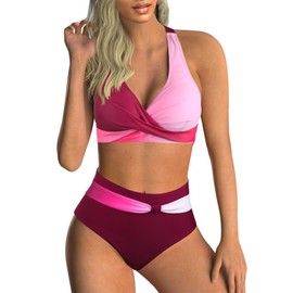 Adigaber Women's Two Piece Swimsuits Criss Cross Top Bikini High Waisted Bottom Tummy Control Bathing Suits Vintage Print Swimwear