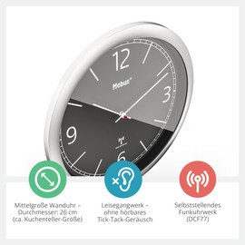 Mebus Radio Controlled Wall Clock 26cm Silent Clear Design Silver Frame Black Dial Model 19813 - Modern and Precise