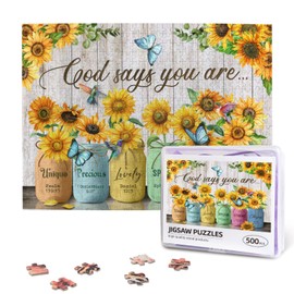 Christian Jigsaw Puzzles 500 Pieces for Adults, Sunflower & God Says You are Bible Verse, Religious Wooden Puzzle for Stress Relief, Faith-Based Home Decor