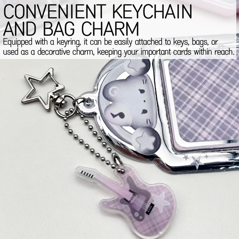 2 Pieces Music Cat Photocard Holder Keychain with Guitar Pendant