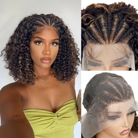 WIGER Braided Wigs for Black Women Glueless Knotless Box Braids Hair Wig with Baby Hair Highlighted Blonde Curly Bob Full Lace Frontal Wig 13X4 Transparent HD Lace Synthetic Deep Curly Wig