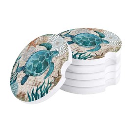 Car Drinks Coasters Set of 4 Pack Sea Turtle Ocean Animal Nautical Themed Absorbent Ceramic Stone Retro Coaster with A Finger Notch for Easy Removal from Auto Cupholder