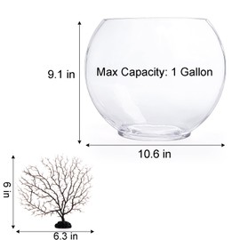 Okllen Mini Glass Fish Bowl, Oblate Small Fish Tank with Blue Aquarium Decor Sands and Plastic Coral Branch Tree Ornament for Betta Fish Aquarium, 1Gallon