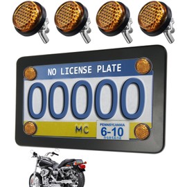 NJNYLLC Motorcycle License Plate Frame with Yellow Reflectors Bolts and Nuts, Black Stainless Steel Tag Plate Holder Bracket Kit for Motorbike