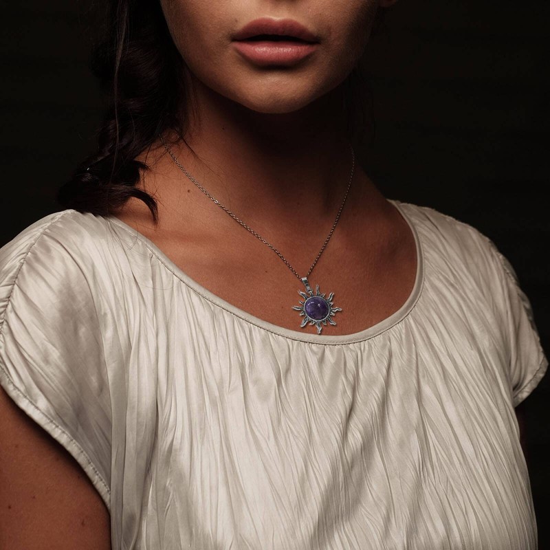 Amethyst Crystal Necklace, Reiki Sun Necklace for Women, Healing Purple