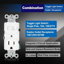 BESTTEN White Switch Outlet Combo Wall Plate 15A 120V Single Pole Duplex 2 Circuits