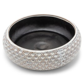 Napco Carved Teardrop Lattice Ceramic Pot with Blue Glaze for Indoor Plants Planter with Saucer, 3 x 8.75 x 8.75 Inch, White and Copper Tone