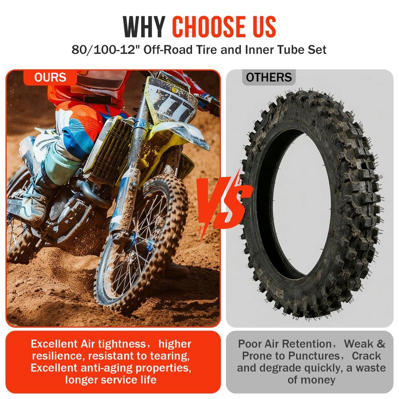 Mopillos 80/100-12 3.00-12 Dirt Bike Rear Tire and Inner Tube