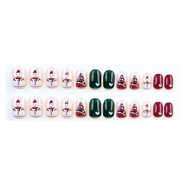 SINHOT Christmas Press on Nails Short Glossy Fake Nails Green Square Full Cover False Nails Glue on Nails with Cute Snowman Designs for Women and Girls 24 pcs