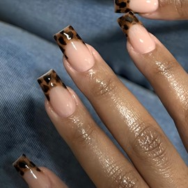 French Tip Press on Nails Medium Square Fake Nails with Leopard Print Designs Glossy Full Cover Nude Glue on Nails Cheetah Nails Acrylic Stick on Nails for Coquette Women Girls 24 Pcs