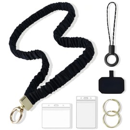Scrunchie Lanyard for ID Badge and Keys – Soft Elastic Polyester Neck Strap, Comfortable Keychain Holder for Women and Men (Black)