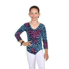 Hamishkane Kids Girls Long Sleeve Crew Neck Leopard Print Gymnastics Dance Jersey Bodysuit - Bodysuit Onesie Multi Leopard