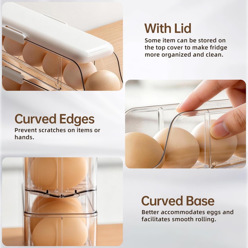 PAVSTINE 3-Tier Auto Rolling Egg Holder with Lid for Fridge,