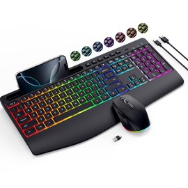 Wireless Keyboard and Mouse Combo- VEILZOR 2.4G Rechargeable Keyboard with Phone Holder, Ergonomic Wrist Rest, 9 RGB Backlit Effects, Silent Keyboard Mouse Set for Windows, Laptop, PC