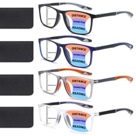 BLOEXCLU 4 Pack Progressive Multifocus Reading Glasses for Men Women TR90 Sports Style Anti-Blue Light Computer Readers (black & blue & grey & transparent, 4, x)