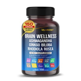 GUDOMET Brain Wellness Ginkgo Biloba Rhodiola Cordyceps Chamomile Ashwagandha Gotu Kola Bacopa Rosemary Holy Basil Black Pepper -150 Capsules- Made in USA