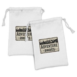 Ambesonne Saying Fabric Pouch Set of 2, Vintage Rusty Sign Style Mountains and Lettering Print Illustration, Small Drawstring Bag for Toiletries Masks and Favors, 9" x 6", Grey Yellow Charcoal Grey