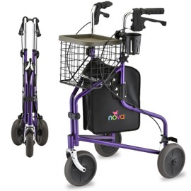 Nova Joy Traveler Folding 3 Wheel Walker with Tray, Basket and Pouch - Lightweight Mobility Aid for Seniors - 8 Inch Wheels - Essential for Tight Spaces and Travel - Purple