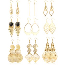 Sanfenly 9 Pairs Drop Dangle Earrings Stainless Steel for Women Girls Boho Vintage Silver/Gold Tassel Drop Earrings Set Hypoallergenic Leaf Long Bar Earrings Fashion Jewellery