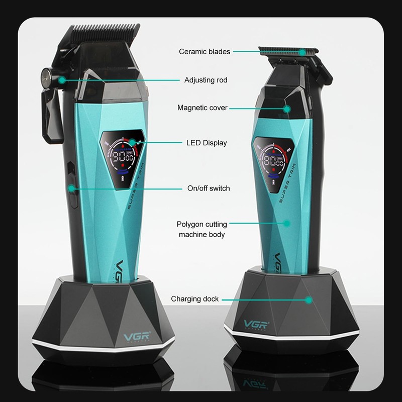 VGR 877S2 Cordless Barber Clipper Trimmer Set with 9000 RPM,