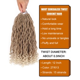 Blonde Crochet Hair for Black Women Wavy Senegalese Twist Crochet Hair 12 Inch Short Pre Looed Crochet Kinky Twists 8 Packs 2 Tone Crochet Braids with Curly Ends（12 Inch,27/613）