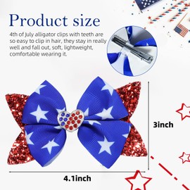 2pcs 4th of July Hair Bows for Girls, Red Blue White Star Bow Hair Clips Sequin Bow Alligator Clip, Sparkly Cheer Barrettes Hairpins Independence Day Gift for Girls Kids Teens Children