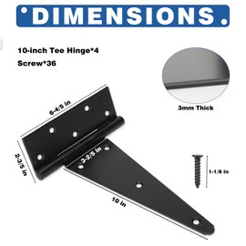 10 Inch T-Strap Heavy Duty Gate Hinges - 4 Pack Black Wrought Iron Tee Shed Door Hinges, Rustproof Hardware for Wooden Fence, Barn Door, Shed Gate, Yard Outdoor Use