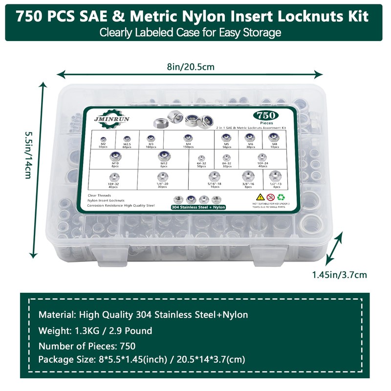 750PCS SAE & Metric Nylon Insert Lock Nuts Kit, 304