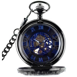 Infinite U Blue Roman Numerals Dial Hand Wind Skeleton Mechanical Pocket Watch Steel 1*Fob Chain and 1*Long Chain