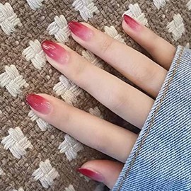 Foccna Red Almond Fake Nails Medium Length-Press on Nails Gradient False Nails Full Cover False Nail - Tips 24 pcs 