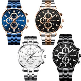 yunanwa 4 Pack Men's Watches Luxury Casual Dress Business Waterproof Military Quartz Wristwatches for Men Stainless Steel Band Gold Black Blue Silver Wholesales Set Assorted (Color A)