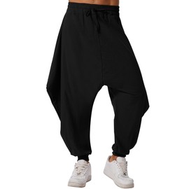 ODIZLI Black Harem Pants Men's Linen Pants Trousers Summer Pants Baggy Beach Pants Loose Fit Yoga Pants Men with Pockets Hammer Pants Mens Harem Pants Wide Leg Drawstring Black S