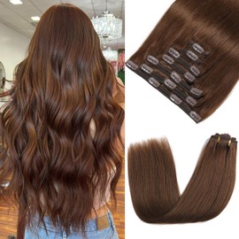 Clip in Hair Extensions Real Human Hair 150g Chocolate Brown Hair Extensions Real Human Hair Clip ins Straight, Rimoss Premium Soft 7pcs Remy Human Hair Clip in Extensions for Women (#4 18 Inch)
