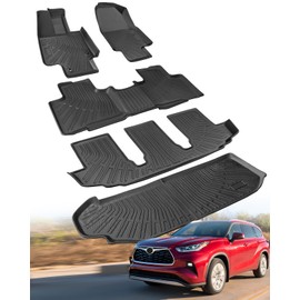 CarQiWireless® All-Weather Floor Mats for Toyota Highlander 2020-2024 2025 L/LE/XLE/Limited/Platinum (Gas Bench Seat Only/No JBL) 7 Seats - Heavy Duty TPE 3-Row & Cargo Liner Accessories (5PCS)