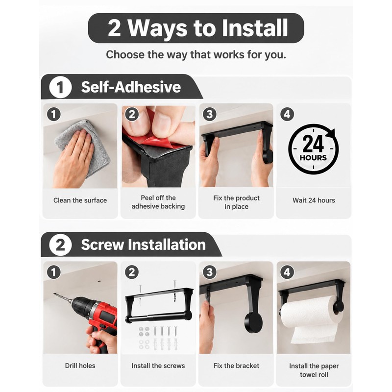 Kitchen Roll Holder, Under Cabinet Paper Towel Holder, Aluminium Base