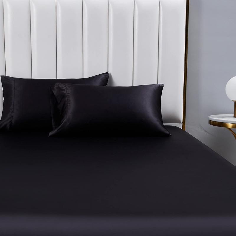 Boqingzhu Satin Fitted Sheet 180 x 200 cm Black Plain