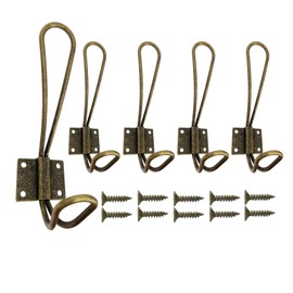 Beilala Wire Coat Hooks Bronze, 5 Pack Vintage Iron Wall Hooks Heavy Duty Double Metal Hangers with Screws for Coat, Jackets, Hats, Keys, Bags, Robes, Towels