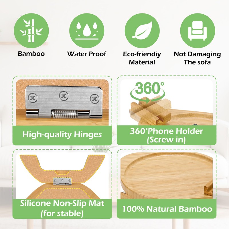 SINWANT Couch Arm Table,Large Bamboo Sofa Clip on Tray Tables