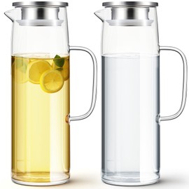 Hsei 2 Sets Glass Pitcher with Lid, 50 oz / 1500 ml Water Carafe with Handles Hot Cold Beverage Water Jar Glass Jug for Tea Juice Milk Coffee Iced Beverage