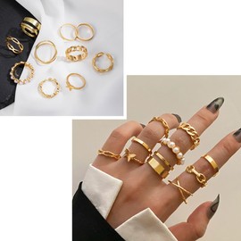 FDEETY 43 Pieces Gold Rings Set Adjustable Finger Rings Trendy Stacking Rings Set Simple Plain Band Rings for Women Girls, Metal