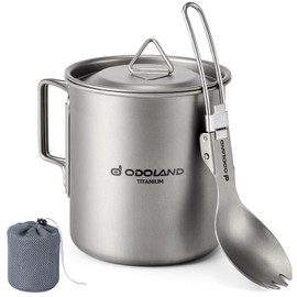 Odoland Titanium Camping Cookware 420ML Titanium Pot with Lid and Spork Lightweight Camping Pot for Backpacking Hiking Traveling and Picnic