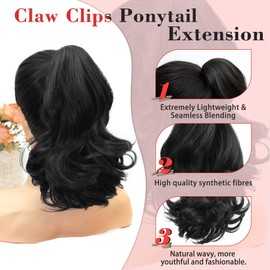 MOCA HAIR Ponytail Extension,Black 12 Inch Claw Clip Ponytail Extension, Soft Wavy Curly Clip on Ponytails for Women Heat Resistant Synthetic Hairpiece for Daily Use
