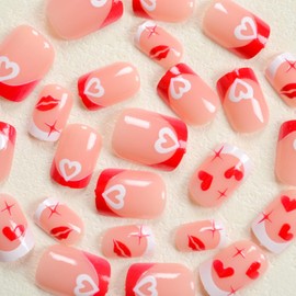 24Pcs Valentines Press on Nails Short Square Fake Nails with Love Heart Star Lips Glue on Nails Red White French Tip False Nails Glossy Full Cover Stick on Nails for Women Girls Nail Art