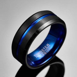 VAKKI Men's Black Tungsten Carbide Ring with Blue Groove 8mm Wedding Engagement Band Comfort Fit Size I 1/2