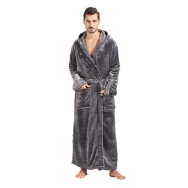 FashGudim Mens Robes Big and Tall with Hood Flannel Fleece Men Bathrobe with Hood Full Length Plush Long Robe Warm House Robe (Grey, 5XL)